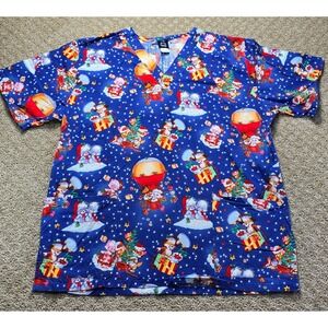 Barco Uniforms Women's M Blue Christmas Scrub Top V Neck 2 Pocket 100% Cotton
